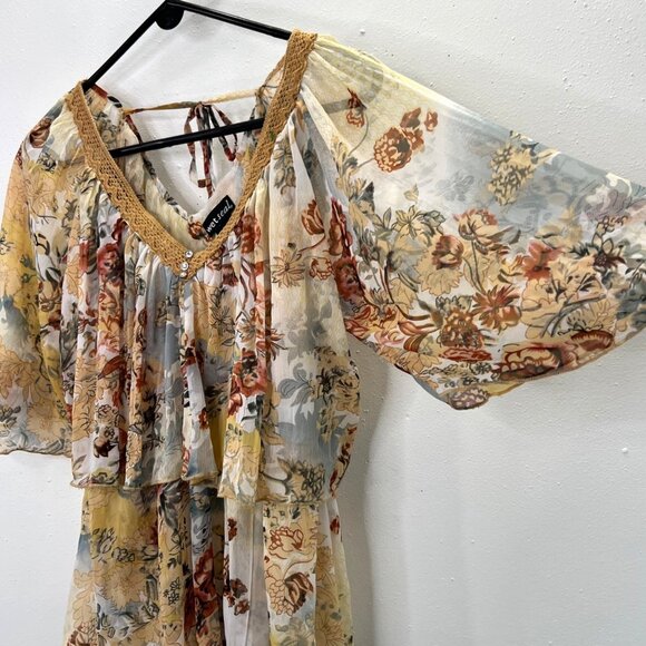 Wet Seal Blouse Top M Floral Semi Sheer Tiered Crochet Rhinestones Mustard Tan - Picture 2 of 6